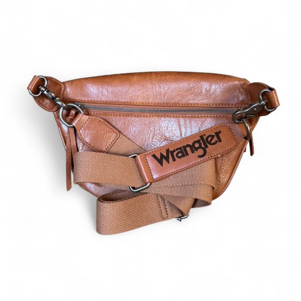 Wrangler Cognac Faux Leather Sling Crossbody Belt Bag Western Adjustable Strap - Picture 2 of 6